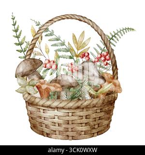 Aquarellkorb gefüllt mit Pilzen, Beeren und Laub. Illustration der Herbsterntekomposition mit Pilz und Preiselbeere mit roten Früchten für saisonale Grußkarten oder Waldeinladungen. Stockfoto