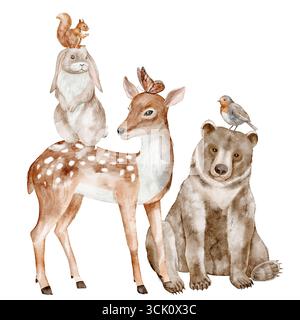Wasserfarben Waldtiere wie Hirsch, Bär, Hase, Eichhörnchen, Vogel und Schmetterling. Illustration von Waldbewohnern für Kinderplakate oder Babyduschen-Einladungen und Grußkarten. Stockfoto