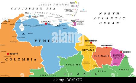 Venezuela und die Guayanas, mehrfarbige politische Karte. Geografische Region im Nordosten Südamerikas. Stockfoto