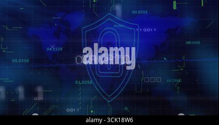 Zeigt KRYPTO-Schild mit Vorhängeschloss auf blauem Netzwerk, Gitterlinien und schwimmende Codes auf der Weltkarte Stockfoto