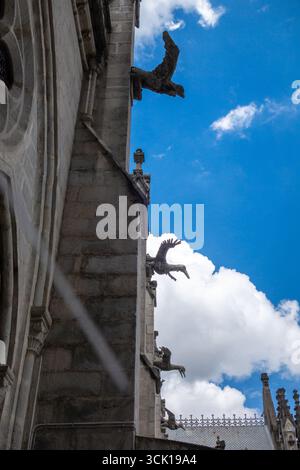 Eine Nahaufnahme der Wasserspeier auf der Basilika des Nationalgelübdes in Quito, die die komplizierten Details vor dem klaren Himmel hervorhebt Stockfoto