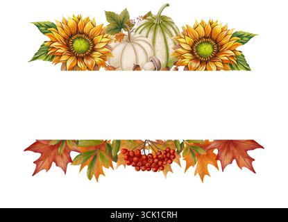 Rahmen aus Kürbissen, Sonnenblumen, Herbstblättern und Beeren im gemütlichen Aquarellstil. Ideal für saisonale Karten, Verpackungen, Einladungen, Poster Stockfoto