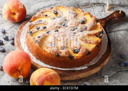 Sommer-Biskuitkuchen mit frischen Pfirsichen und Heidelbeeren, bestreut mit Puderzucker in Nahaufnahme auf einem Holzbrett auf dem Tisch. Horizontal Stockfoto