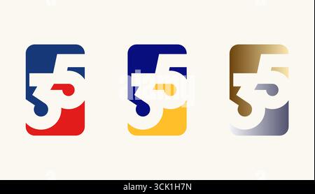 Sammlung von Kartendesign-Nummer-Jahrestag 35., 35. Happy Anniversary mit rechteckiger oder quadratischer Form in mehreren Farbvarianten. Stock Vektor