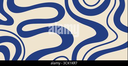 Abstraktes Muster mit verschiedenen gekrümmten blauen Linien. Hand gezeichnete Vektor-Illustration mit groovigem Druck auf einem cremebeigen Hintergrund Stock Vektor