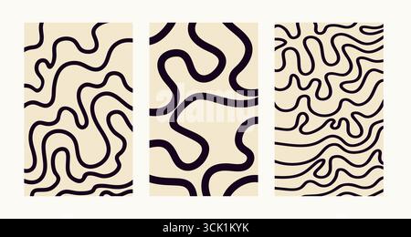 Set aus abstraktem Muster mit dünnen welligen schwarzen Linien. Vektorillustrationen mit einfarbigem, groovigem Druck auf cremebeigem Hintergrund Stock Vektor