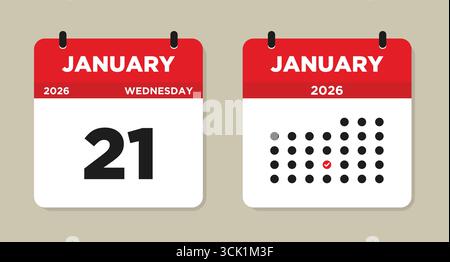 Januar 2026 Kalender Vektor Illustration. Kalenderseite 21. januar. Tageskalender mit Datum 21. Januar. Die Woche beginnt am Sonntag Stock Vektor