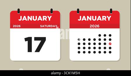 17. Januar 2026 Kalender Vektor Illustration. 17. januar-Kalenderseite. Tageskalender mit Datum 17. Januar. Die Woche beginnt am Sonntag Stock Vektor