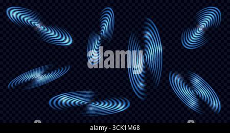 Leuchtende Radialsymbole, Schallwellen in verschiedenen Formen. Eine Vektordarstellung eines blauen, neonfarbenen Wi-Fi-Signals oder Radars auf einem transparenten Hintergrund Stock Vektor