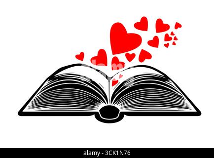 Logobuch und Herzen . Zurück zur Schule. Die Freude an der Erziehung. Lesen Sie gerne. Handgezeichnet. Nicht AI, Vektorillustration Stock Vektor