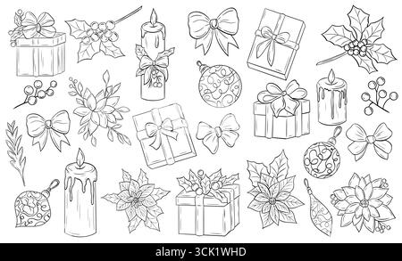 Weihnachtsset, Clip-Art-Kugeln, Weihnachtsstern, Geschenkboxen, stechpalme, rote Beeren, Seidenbänder. Vektorgrafik handgezeichnet Stock Vektor