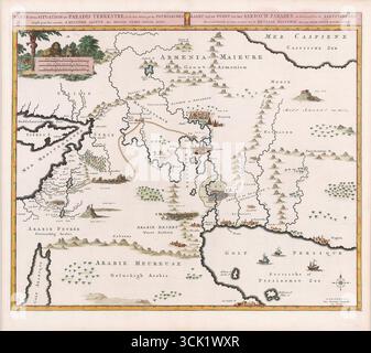 Pierre Mortier, Situation du Paradise Terrestre (Karte der Lage des irdischen Paradieses und des Landes, das von den Patriarchen bewohnt wurde, erstellt zum besseren Verständnis der heiligen Geschichte, von M. Pierre Daniel Huet). Französische und niederländische Beschriftungen. Veröffentlicht in Amsterdam, ca. 1700. Stockfoto