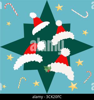 Nahtloses Vektormuster mit grünem Weihnachtsstern und Weihnachtsmannmützen auf blauem Hintergrund mit Süßigkeiten Stangen und Sternen, perfekt für Feiertagsdekor, Geschenkverpackung, Stock Vektor