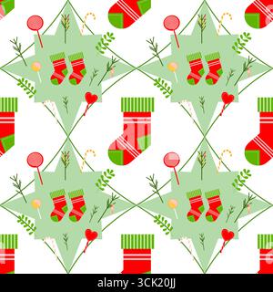 Vector nahtlose festliche Weihnachten 2026 Muster mit grünen Weihnachtsstern, roten Santa Socken, Weihnachtsbonbons, süßen Lutscher und Dekorati Stock Vektor