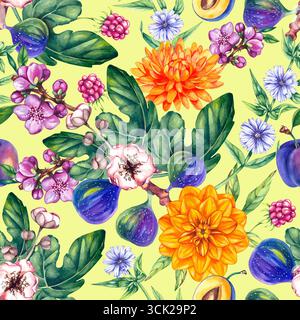 Fruchtiges Blumenaquarell Botanisches nahtloses Muster handgezeichnet. Himbeerfeige Chrysantheme Pflaumen Zichorienpflanzen Muster für Textilien, Stoffe Stockfoto