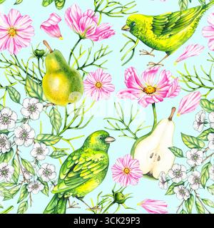 Fruchtiges Blumenaquarell Botanisches nahtloses Muster handgezeichnet. Birnenkosmos Vogelblumen Pflanzenmuster für Textilien, Stoffe Stockfoto