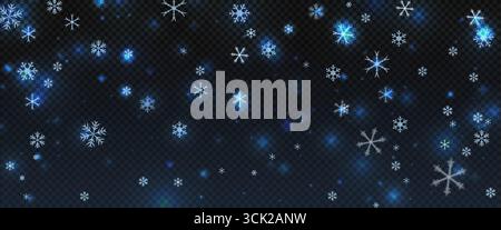 Blauer fallender Schnee und Schneeflocken mit leuchtendem Bokeh-Licht auf transparentem Hintergrund. Perfekt für Winter-, Urlaubs- und Weihnachtsdesign. Stock Vektor