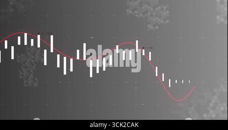 Anzeige der Datenvisualisierung auf dunklem Dashboard mit weißen vertikalen Balken, roter Trendlinie Stockfoto