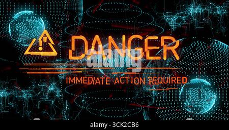 Zeigt ein bernsteinfarbenes Dreieck mit GEFAHR und SOFORTIGEM HANDELN im Cyberspace-Raster, mit Kugeln Stockfoto