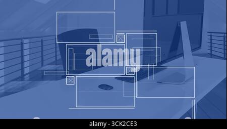 Anzeigen von UI-Drahtmodellüberlagerungen über dem Schreibtisch mit Computer-Setup, Notebook, Smartphone im Loft-Büro Stockfoto