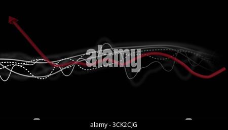 Aufsteigender roter dreidimensionaler Pfeil, der die rote Kurve zwischen den Wellenlinien im virtuellen Raum verfolgt, Kopierraum Stockfoto