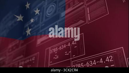 Anzeige der digitalen samoanischen Flagge auf rot-blauem Verlauf mit durchscheinenden Feldern mit numerischen Codes Stockfoto