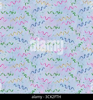 Diese hellen, verspielten und welligen Linien sowie kreative Spritzer sind perfekt für moderne Designarbeiten. Hand gezeichnetes nahtloses Aquarellmuster auf pastellblauem Hintergrund zum Drucken auf Stoff und Papier. Stockfoto