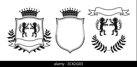 Wappen mit zwei königlichen Löwen Lorbeerkranz, mit Bandschild, Krone. Heraldisches Wappen-Set. Mittelalterliche Embleme Logo Fantasy Kingdom. Wappengenerator Vintage Vektor Grafik Design Illustration Stock Vektor