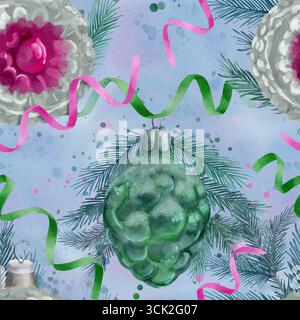 Eine Sammlung von farbenfrohen Vintage-Weihnachtsschmuck und festlichen Bändern vor einem fröhlichen Hintergrund. Handgezeichnetes nahtloses Aquarellmuster auf blauem Hintergrund für den Druck auf Stoff und Papier. Stockfoto