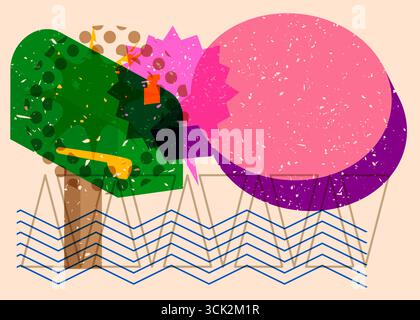 Risograph Mailbox mit Sprechblase mit geometrischen Formen. Objekte in trendigem Riso-Grafik-Design mit Texturelementen. Stock Vektor