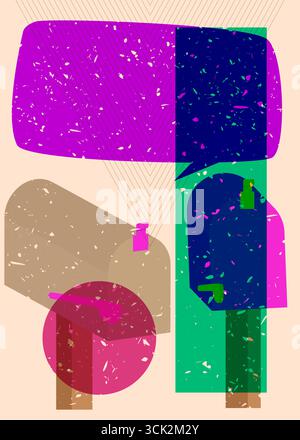Risograph Mailbox mit Sprechblase mit geometrischen Formen. Objekte in trendigem Riso-Grafik-Design mit Texturelementen. Stock Vektor