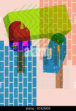 Risograph Mailbox mit Sprechblase mit geometrischen Formen. Objekte in trendigem Riso-Grafik-Design mit Texturelementen. Stock Vektor