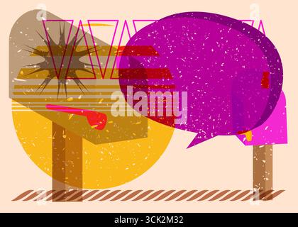 Risograph Mailbox mit Sprechblase mit geometrischen Formen. Objekte in trendigem Riso-Grafik-Design mit Texturelementen. Stock Vektor