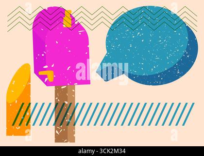 Risograph Mailbox mit Sprechblase mit geometrischen Formen. Objekte in trendigem Riso-Grafik-Design mit Texturelementen. Stock Vektor