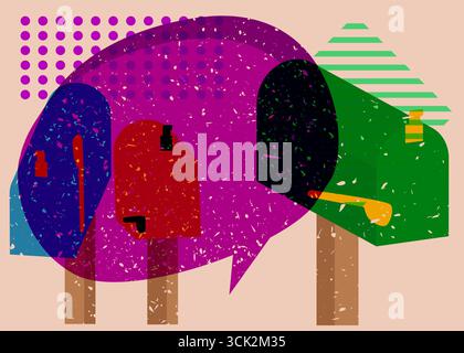 Risograph Mailbox mit Sprechblase mit geometrischen Formen. Objekte in trendigem Riso-Grafik-Design mit Texturelementen. Stock Vektor