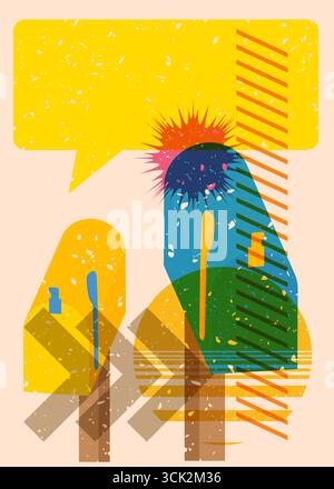 Risograph Mailbox mit Sprechblase mit geometrischen Formen. Objekte in trendigem Riso-Grafik-Design mit Texturelementen. Stock Vektor