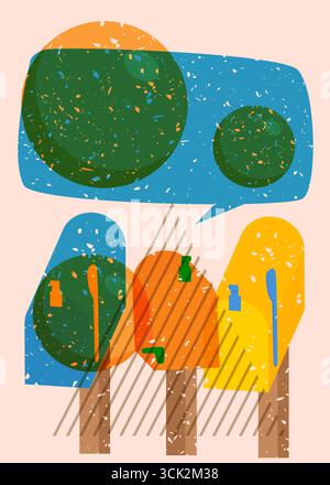 Risograph Mailbox mit Sprechblase mit geometrischen Formen. Objekte in trendigem Riso-Grafik-Design mit Texturelementen. Stock Vektor