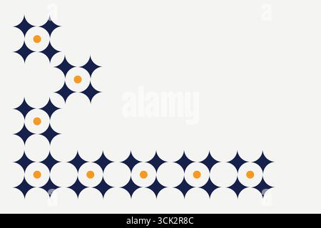 Stilvoller geometrischer Hintergrund mit abstrakten, sternähnlichen marineblauen Formen mit orangefarbenen Kreisen in einem Eckmuster. Modernes minimalistisches Design ideal für Stock Vektor