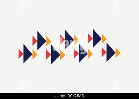 Farbenfroher geometrischer Hintergrund mit einem sich wiederholenden Pfeil- und Dreiecksmotiv in Rot, Gelb, Blau und Marineblau. Perfekt für moderne Designprojekte, Post Stock Vektor
