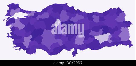 Karte der Türkei mit Regionen. Nur eine einfache Ländergrenzkarte mit regionaler Aufteilung. Dunkelviolett. Stock Vektor