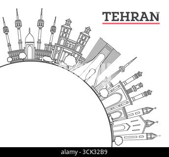 Skizzieren Sie die Skyline von Teheran Iran City mit modernen und historischen Gebäuden, die auf White isoliert sind. Vektorgrafik. Teheran Persien Stadtbild mit Wahrzeichen. Stock Vektor