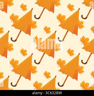 Nahtloses Muster mit orangefarbenen Regenschirmen und Herbstblättern auf beigefarbenem Hintergrund. Dekoratives Vektordesign mit saisonaler Textur und warmen Farben. Konzept Stock Vektor