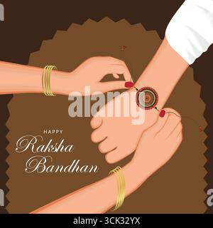 Illustration der Raksha Bandhan-Feier mit Schwester, die traditionelle Rakhi am Handgelenk des Bruders bindet, indisches Festivalkonzept. Stock Vektor