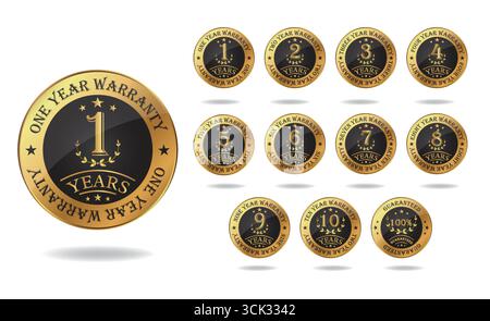 Goldener schwarzer Garantieausweis, Garantieeetiketten für 1 bis 10 Jahre, hochwertige Qualitätssicherungssiegel, luxuriöse Garantieembleme. Stock Vektor