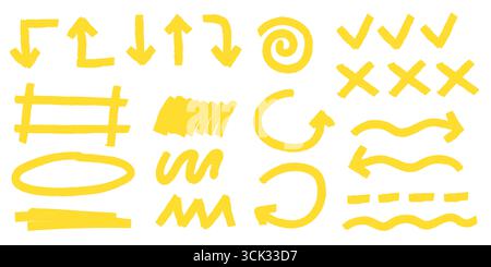 Gelbe Markierungselemente mit Pfeilen, Häkchen und handgezeichneten Kritzeleien zur Hervorhebung von Text oder Korrekturmarkierungen hervorheben. Wellenlinien, Kreuze und Kreise für Anmerkungen. Unterstreichungsset mit Doodle für Notizen Stock Vektor