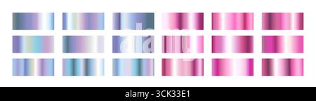 Die Kollektion des Hologrammrahmens in Metallic-Optik mit Farbverläufen von rosa zu schillernden Regenbogenoberflächen sorgt für modernes Design. Rechteckige Ränder mit reflektierenden Oberflächen und Farbverschiebungseffekten Stock Vektor