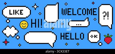 Pixel-Sprechblasen mit y2k-Elementen – weiße Chatboxen, Textgrüße, lächelndes Emoticon und Erdbeersymbol auf hellblauem BG. Digitale Retro-Kommunikationsschnittstelle für Spiele oder Messaging. Stock Vektor