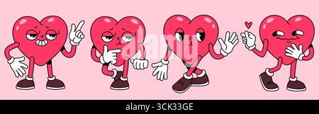 Groovige Herz-Maskottchen mit Beinpositionen und Retro-Ausdrucksformen – rosa Charaktere mit schwarzen Schuhen, weißen Handschuhen und verschiedenen Gesten. Animierte Liebessymbole für Valentinskarten, Sticker oder Emoticon Stock Vektor