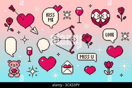 Niedliches 8-Bit-Set mit Pixel-Retro-Ikonen für romantisches Design, rotem Herz durchbohrtem Pfeil, Schleife, Sprechblase mit Liebe und Weinglas. Umschlag und Teddybär-Element, Dating-Spiel oder Grußkarte Stock Vektor