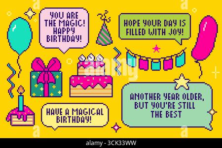 Pixel-Geburtstagsparty-Set mit verpacktem Geschenk, Ballons und Kuchen mit Kerze, festliche Fahnen für Retro-Feiern. Sprechblasen mit Grüßen auf gelbem Hintergrund für Glückwunschkarten. Stock Vektor